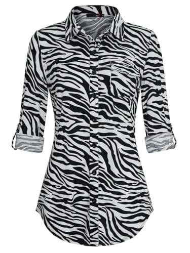 Image of DJT Womens Soft Knitted Button Down Shirt Tops Roll Up Long Sleeve Plaid Shirts Stretchy Dressy Casual Office Work Blouse S Zebra Print
