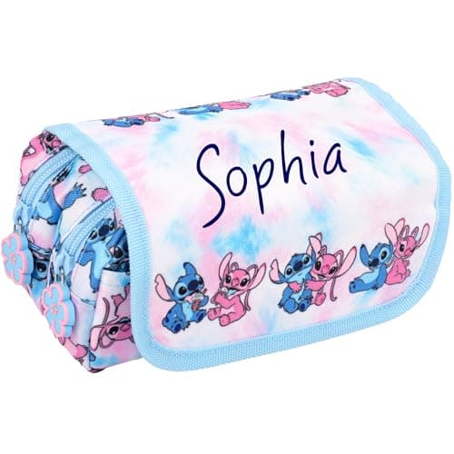Image of Disney Stitch Personalised Pencil Case, Tie Dye Cute Personalised School Pencil case for Girls, 2 Large Compartments Stationery Pouch