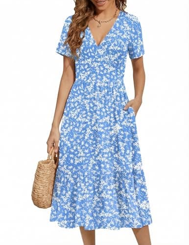 Image of Zeagoo Womens Dresses Short Sleeve V Neck Dress Summer Casusl Ladies Dresses Floral Beach Midi Dress with Pockets Light Blue Flowers M