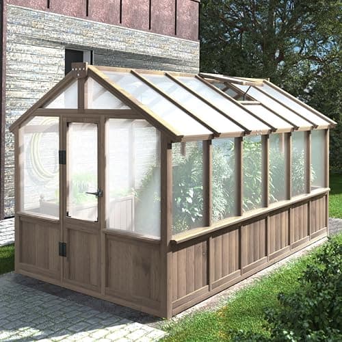 Image of Mupater 6 x 12 FT Wooden Polycarbonate Greenhouse, Outdoor Green House Kit with Ventilated Window and Lockable Door, Walk-in Greenhouse for Backyard, Patio