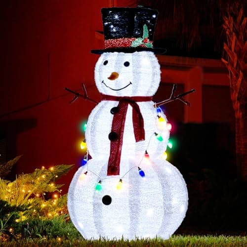 Image of Outopee Christmas Lighted Snowman Decoration, 4 FT Outdoor Christmas Foldable Snowman with 100 LED, 20 Colorful Lights, Red Scarf, Black Hat, Pre-Lit Snowman for Xmas Ornament Yard Patio Decor