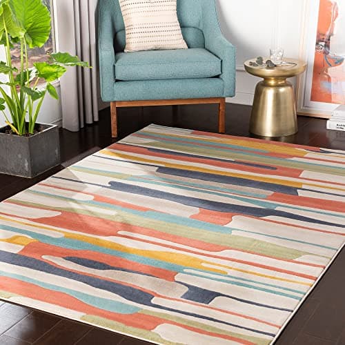 Image of Livabliss Atlanta Geometric Rug - Scandi Runner Rugs Living Room 80x220 cm, Hallway, Kitchen - Neutral, Patterned Carpet Runners, Boho Style, Easy Care- Large Rug, Orange, Blue and Beige