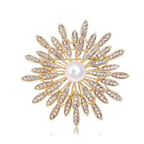 Image of 14K Gold Plated Flower Brooch Pin for Women Girls Simulated Pearl Rhinestone Floral Pin Clip Lapel Sweater Scarves Dress Suit Jackets Collar Corsage Brooches Pins Delicate Decoration Jewelry Gifts