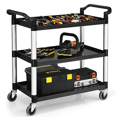 Image of TANGZON 3 Tier Service Cart, Rolling Tool Trolley with Locking Wheels & 2 Handles, Utility Trolley Cart for Workshop Garage, 150KG Load Capacity (103 x 49 x 98cm, Aluminum+PP, Black+Silver)