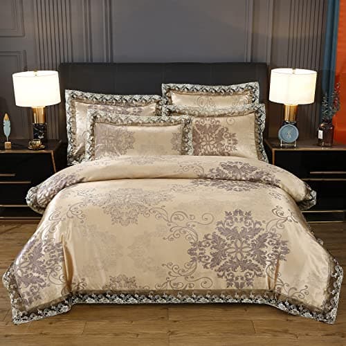 Image of Beyeutao Double Duvet Cover Jacquard Bedding Lace Gold Duvet Set Jacquard Duvet Elegant Bedding Set 3 PCS with Duvet Cover Set Pillowcases. (Champagne Gold, Double)