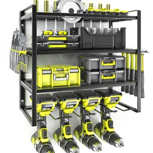 Image of KAFAHOM Power Tool Organiser,4 Layer Drill Holders Wall Mount,Heavy Duty Metal Organisers and Storage Rack for Garage Organization,Tools Shelves with Screwdriver Plier/Hammer Holder, Black