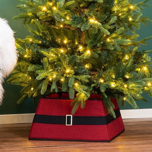Image of Taylor & Brown Christmas Tree Skirt Square Stand Base Xmas Natural Folding Collar Basket Cover Decoration Tidy Home Decor 48 x 48 x 25cm, Red with Black Belt