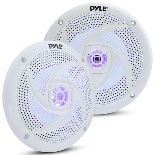 Image of Low-Profile Waterproof Marine Speakers - 240W 6.5 Inch 2 Way 1 Pair Slim Style Waterproof Weather Resistant Outdoor Audio Stereo Sound System w/Blue Illuminating LED Lights - Pyle (White)