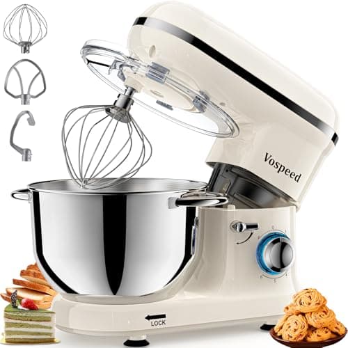 Image of Stand Mixer, Vospeed Food Mixer Dough Blender, 6.2L Electric Cake Mixer with Bowl, Beater, Hook, Whisk, Egg Separator & Silicone Spatula, Dishwasher Safe (White)