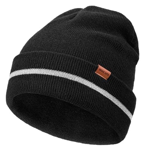 Image of Wmcaps Mens Beanie with Reflective Stripes, Safety High Visibility Winter Hat, Unisex Thermal Knitted Hat for Outdoor Work Sports Gifts for Men and Women, Black
