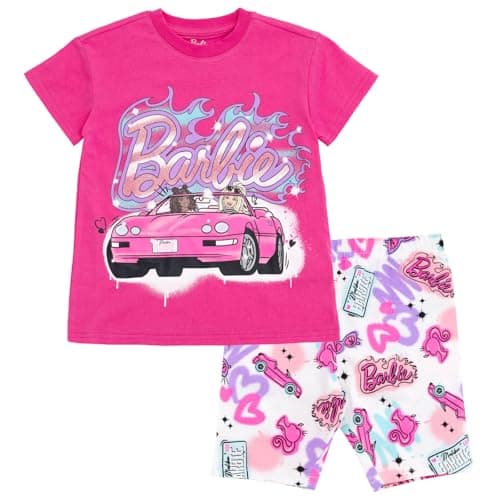 Image of Barbie - Little Girls to Big Boys Square Crop Top and Bike Shorts Set (2T - 14-16), Hot Pink / White, 2 Años