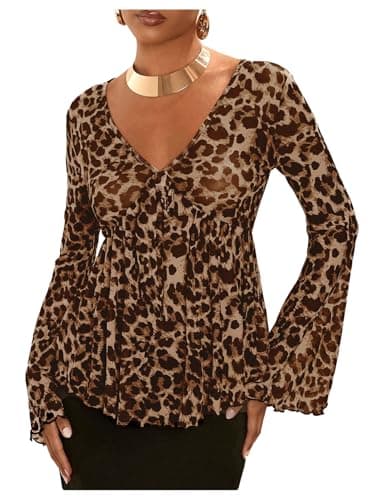 Image of GORGLITTER Women's Leopard Print Deep V Neck Ruffle Top Shirts Mesh Bell Sleeve Peplum Tunic Tops Blouse Coffee Brown Medium