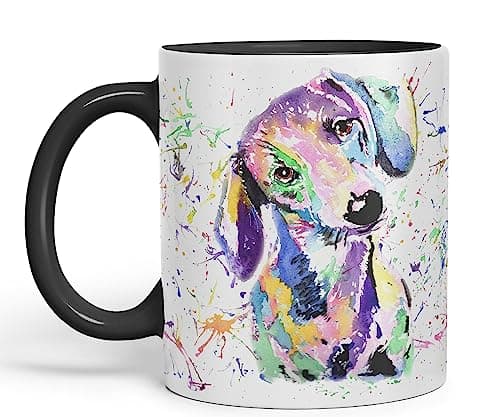 Image of Vixar Dachshund Dog Sausage Wiener Badger Pet Watercolour Rainbow Art Coloured Mug Cup Gift Birthday Work Office Christmas Tea Coffee (Black)