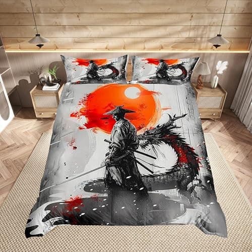Image of feelingyou Japanese Samurai Duvet Cover Set Single Size,Western Dragon Chinese Style Animal Bedding Set,Boys Girls Room Decor,Ink Wash Painting Retro Comforter Cover,Grey,1 Pillowcase(No Comforter)