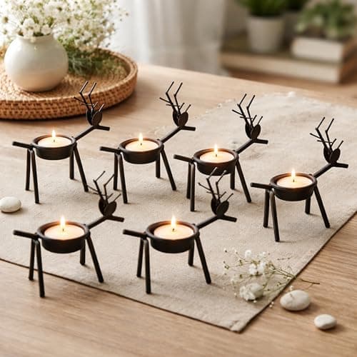 Image of Marco Paul Interiors Set of 6 Metal Reindeer Tealight Candle Holders with 6 White Tealights Included – Rustic Woodland Table Centrepiece, Farmhouse Spring Decor, Easter & Mother’s Day Home Decoration