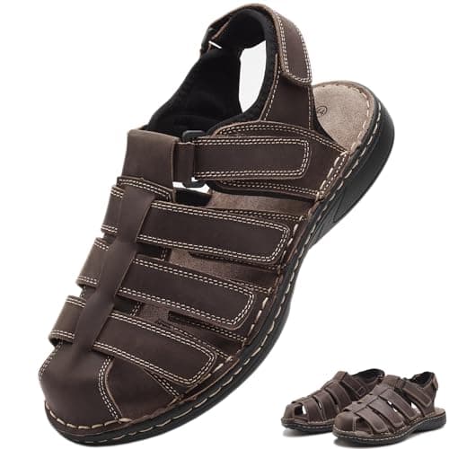Image of 7STROBBS Wide Fit Mens Sandals, Real Leather Walking Sandal for Men, Closed Toe Covered Sports Outdoor Sandals with Adjustable Strap for Hiking, Summer, Holidays, Boating, Towns, Dark Brown UK 11