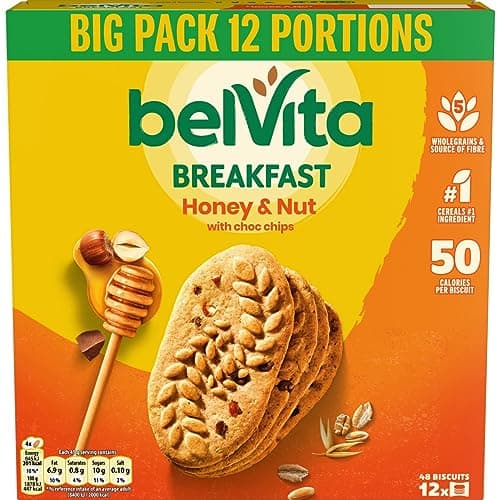 Image of Belvita Breakfast Biscuits Honey & Nuts With Choc Chips, Nutritious Bars With Honey & Chocolate Chips, Multipack of 12 x 45 g Biscuits (Pack of 1)