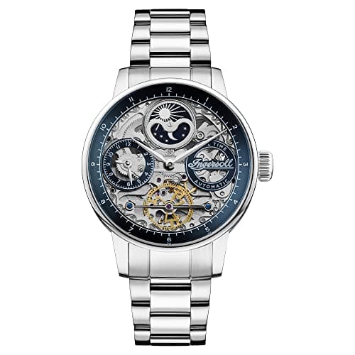 Image of Ingersoll The Jazz Mens 42mm Automatic Moonphase Watch with Blue Skeleton Dial and Silver Stainless Steel Bracelet I07707