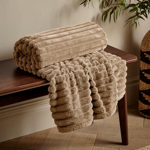 Image of Catherine Lansfield Cosy Ribbed Faux Fur 130x170cm Blanket Throw Natural