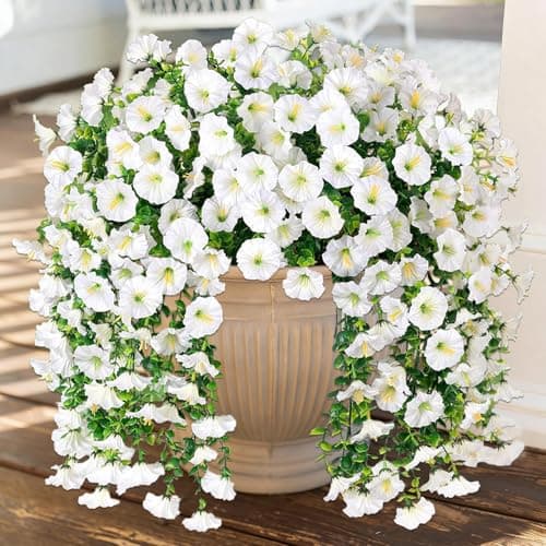 Image of 4PCS Artificial Hanging Flowers Outdoor White Fake Flowers Artificial Hanging Plants Faux Petunias UV Resistant Fake Trailing Plants Vines for Inddor Home Patio Garden Porch Spring Decorations
