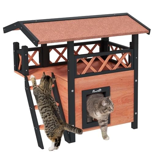 Image of PawHut Cat House Outdoor Kitten Shelter Puppy Kennel with Balcony Stairs Asphalt Roof, 77 x 50 x 73 cm, Brown