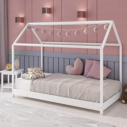 Image of Panana Wooden Kids House Bed Frame, Solid Pine WoodTreehouse Style Childrens Floor Bed Frame for Toddlers and Children (White2)