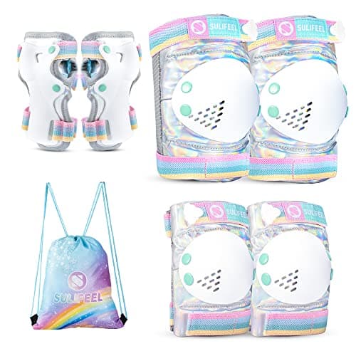 Image of SULIFEEL Shiny Knee Pads for Kids Knee Elbow Pads Wrist Guards for Girls Boys Adjustable Protective Gear Set with Drawstring Bag Rainbow Unicorn