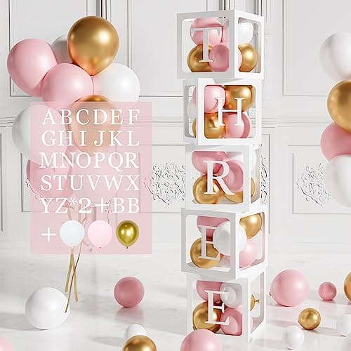 Image of 104Pcs Baby Shower Boxes for Girls,5 Pink Balloon Boxes with Letters, 45 Pink White Gold Balloons, for Baby Shower Favours, Birthday, Christening Decorations Communion Decorations for Girls, Diy Names