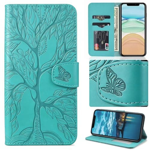 Image of Aisenth for iPhone 12 Mini Flip Case, The Tree of Life Embossed PU Leather Wallet Phone Folio Case Magnetic Protective Cover with Stand function, Card Slots with Wrist Strap (Blue Green)