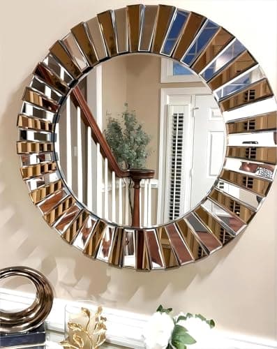 Image of Hallway Art Wall Mirror Decorative: Round Golden and Silver Hung Mirrors 60cm 80cm Elegant Artistic Look 5mm Glass 3D Stereoscopic Irregular Beveled Edge Sunburst Entryway Wall Mirrors (Large 80cm)