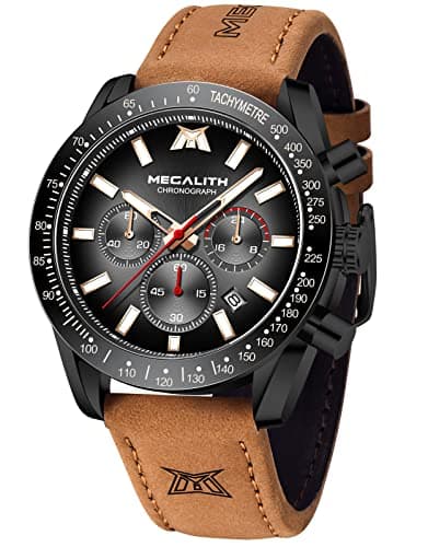Image of MEGALITH Sports Chronograph Watches Men: Waterproof Analogue Watch with Brown Leather Strap - Big Face Wristwatch with Luminous Date Gifts for Him