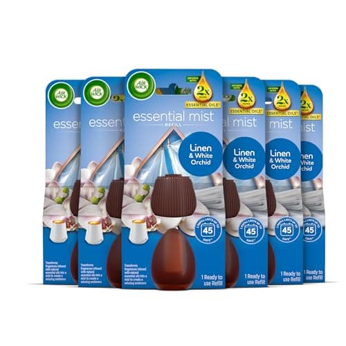 Image of Air Wick Essential Mist Refills, Linen & White Orchid, Pack 6 x 20ml, Natural Essential Oils, Last up to 270 days, Air freshener