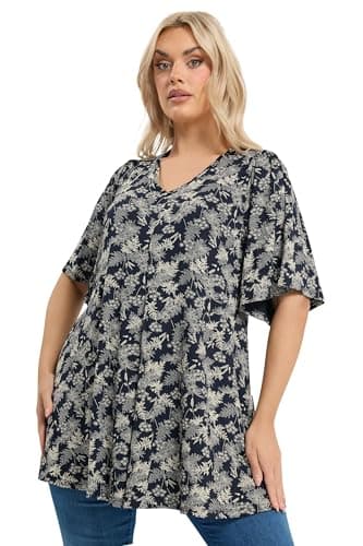 Image of Yours Curve Blue Leaf Print Pleat Front Top - Women's - Plus Size Curve