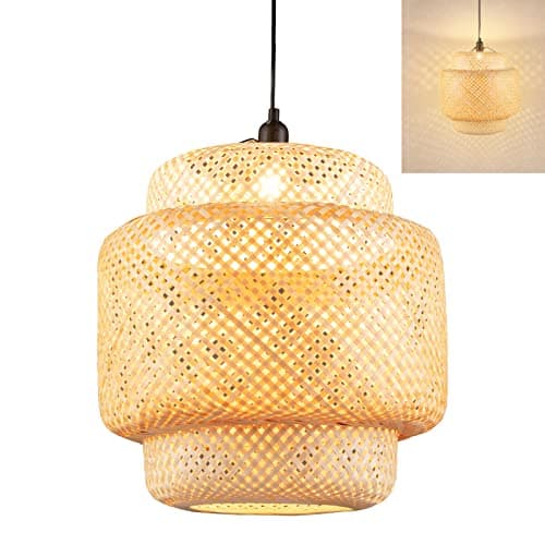 Image of TANGZON Bamboo Woven Pendant Light, Height Adjustable Hanging Ceiling Light with E27 Socket & Bamboo Lampshade, Retro Chandelier Ceiling Lamp for Living Dining Room Restaurant Cafe (Bulb Not Included)