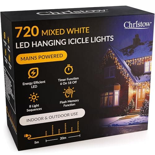 Image of CHRISTOW Hanging Icicle Christmas Lights, 720 White & Warm White LED, 20m Lit Length, Indoor & Outdoor, Mains Powered with Timer, 8 Flash Lighting Modes with Memory, Fairy String Light Decorations
