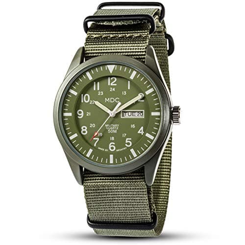 Image of Infantry MDC Mens Military Army Watch - Gents Analogue Tactical Field Watch, 12/24 Hour Military Time with Day Date, 5ATM Waterproof Tough Work Watch, Olive Green Nylon NATO Strap