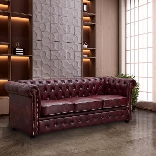 Image of UK Leisure World chesterfield ox red blood red three seater sofa 3 2 1 faux leather set suites settee twin armchair brown (Three seater)