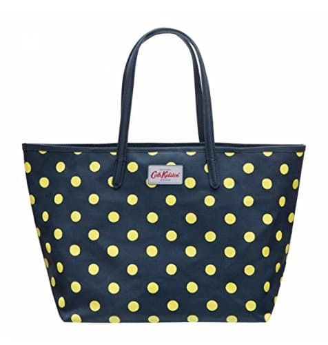 Image of Cath Kidston Navy and Yellow Spot Medium Tote Bag with Leather Trim