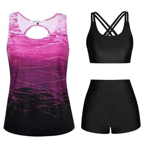 Image of JASAMBAC Modest Swimwear Women,3 Piece Tankini Swimsuit Bikini Swimsuit Swimming Costume Tank Top with Bikini Top Swim Shorts