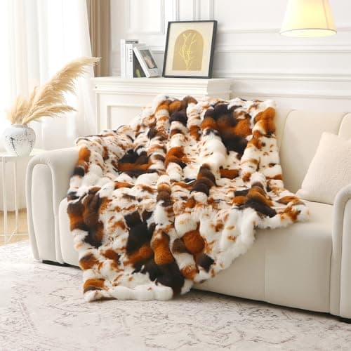 Image of DREAMLANDING Faux Rabbit Fur Luxury Plush Sherpa Throw Blanket Reversible Fuzzy Warm Cozy Fluffy Fur Blanket for Bed Sofa Couch Home Decor (Brown Cow, 130 * 150cm)