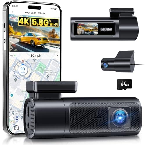 Image of GKU 4K+1080P Dash Cam Front and Rear, 5Ghz Wi-Fi & GPS, WDR, Dual Car Camera with 1.47” IPS Screen, Dashcam with 64GB SD Card, Starlight Night Vision, 24H Parking Mode, G-Sensor,Max 512GB