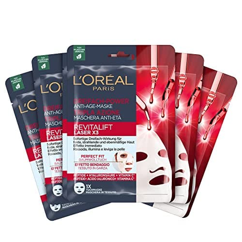 Image of L'Oréal Paris Anti-Ageing Cloth Masks with Triple Power for Women: for Firm, Radiant and Even Skin with Pro-Retinol, Vitamin C and Hyaluronic Acid, RevitaLift Laser X3, Cloth Mask Set of 5