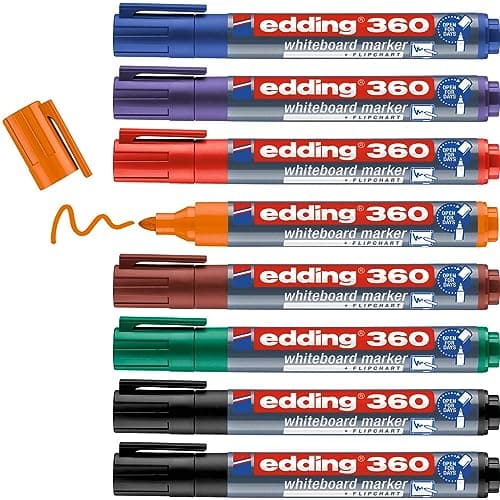 Image of edding 360 whiteboard marker set - multi-coloured - 8 whiteboard pens - round tip 1.5-3 mm - whiteboard pen dry wipe - for whiteboards, flipcharts, magnetic, memo boards - sketchnotes - refillable