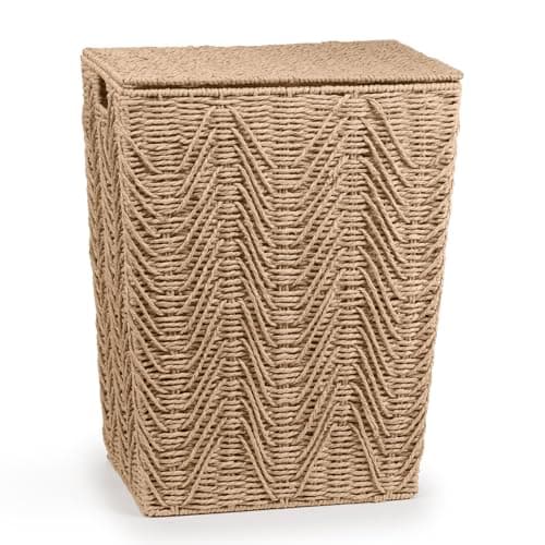 Image of woodluv Laundry Basket with Lid, Woven Storage Basket, Laundry Hamper Bin Storage Organiser, Washing Basket for Dirty Clothes Bathroom, Medium - Khaki