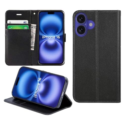 Image of DN-Technology For iPhone 16 Case Flip Wallet [Card Holder] [Magnetic Closure] [Kickstand] PU Leather Shockproof Phone Cover 6.1 inch (BLACK)