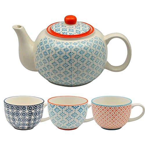 Image of Nicola Spring 7pc Tea Set - Assorted Dining Set Hand Printed Floral Pattern Teapot Teacups & Saucers for Breakfast, Lunch, Tea Parties