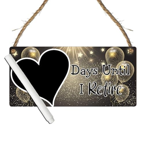 Image of Days Until I Retire Countdown Plaque - Decorative Hanging Sign with Multiple Retirement-Themed Designs | Countdown Chalkboard Sign, (Black & Gold Party, With Pen, Small: 19 cm (H) × 9 cm (W))