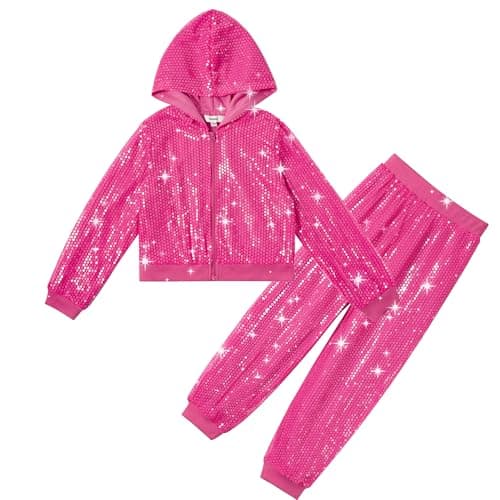 Image of LOLANTA 2PCS Kids Sequins Hip Hop Dance Costume Street Dancewear Long Sleeve Hooded Jacket & Trousers Set, Rosered, 8-9 Years, 140