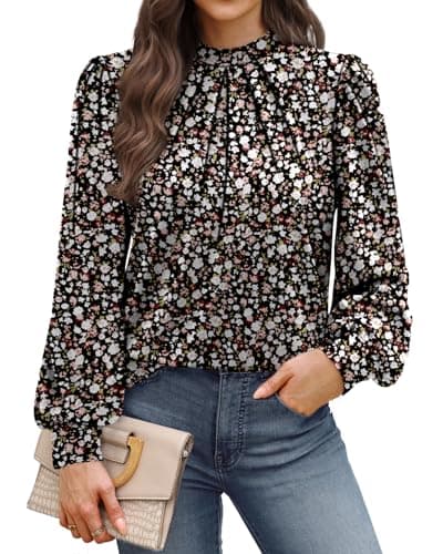 Image of WIHOLL Blouses for Women Long Sleeve Tops Mock Neck Pleated Shirts Ladies Tops Business Loose Fit Size 10-12 Floral