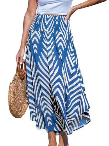 Image of CUPSHE Maxi Skirt Smocked High Waist Abstract Long Skirt Cover Up Beach Boho Skirt Sky Blue M
